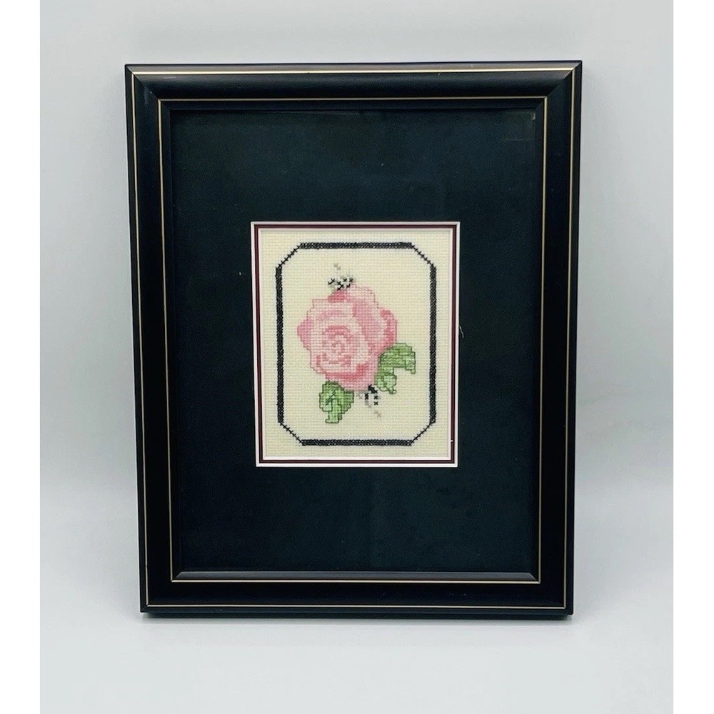 Vtg Rose Floral Needlepoint Cross Stitch Framed Art Cottage Granny Aesthetic